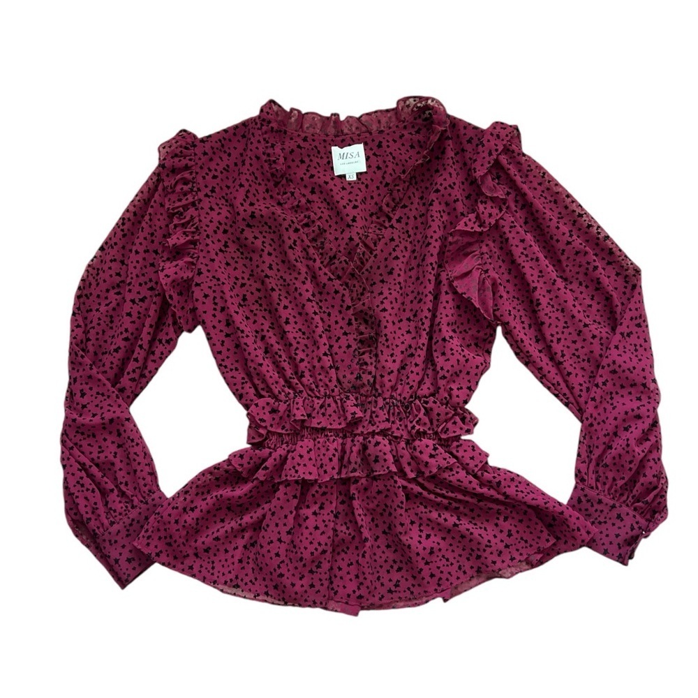 Misa Los Angeles Daphne Velvet Star Burnout Witchy Ruffle Top | Burgundy | XS